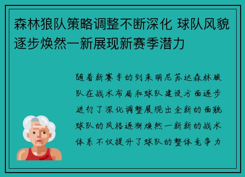 森林狼队策略调整不断深化 球队风貌逐步焕然一新展现新赛季潜力