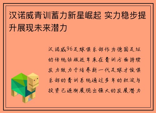 汉诺威青训蓄力新星崛起 实力稳步提升展现未来潜力